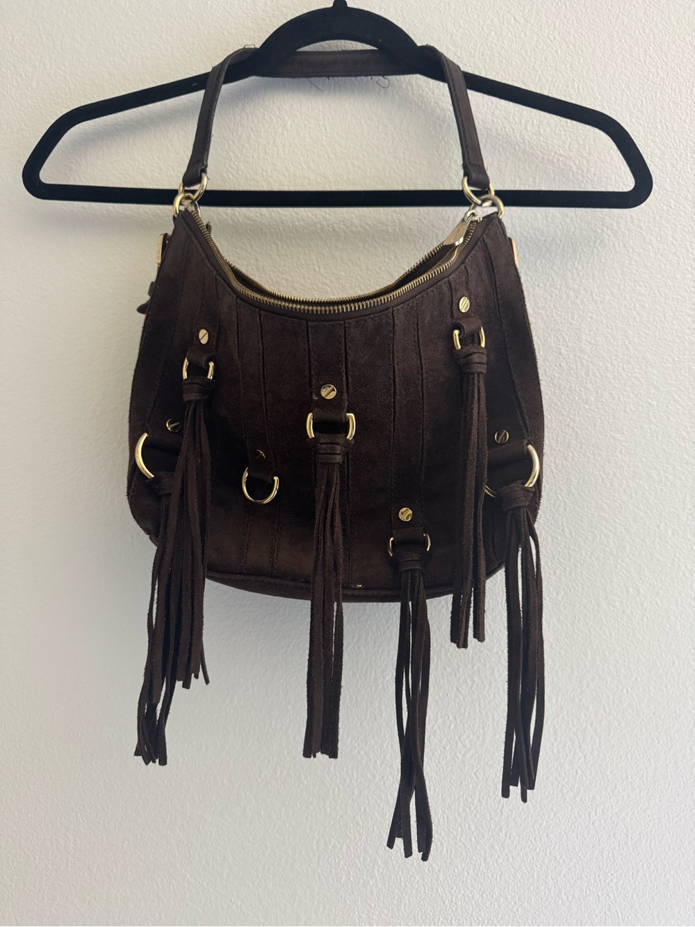 Michael Kors Dark Brown Suede Fringe Shoulder Bag with Gold Hardware 💕
